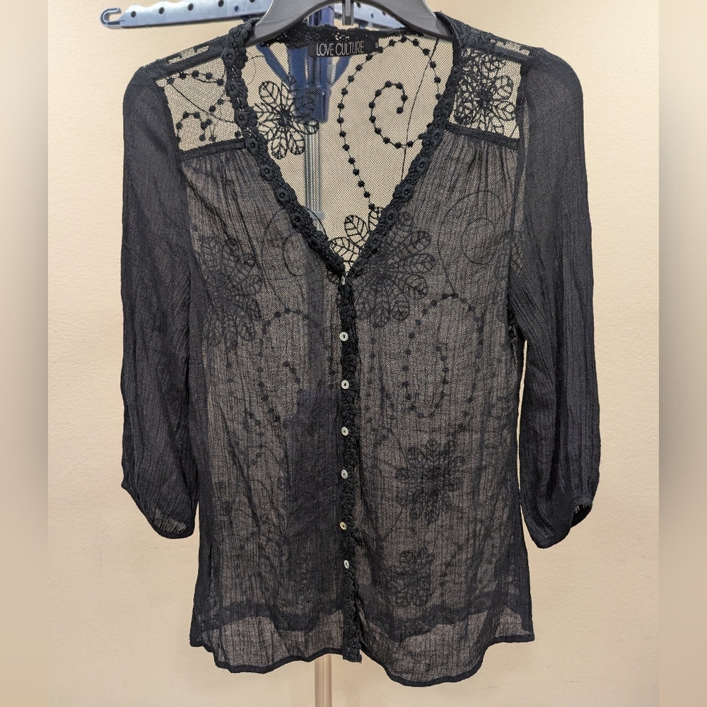 Embroidered Flowers Sheer Button Down Blouse Black Women's Size S